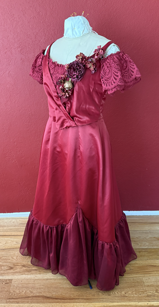 Reproduction 1890s Burgundy Ballgown Left Quarter View. Truly Victorian TV490 and McCall's M8231
