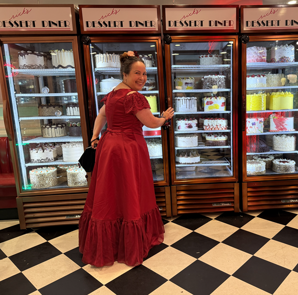 Reproduction 1890s Burgundy Ballgown at Rick's Dessert Diner 2025.