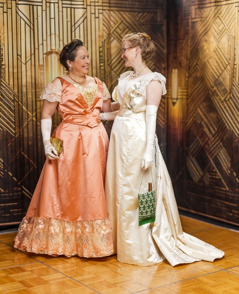 Reproduction 1890s Peach Ballgown at Costume College 2025. Photo by Mark Edwards Photographer
