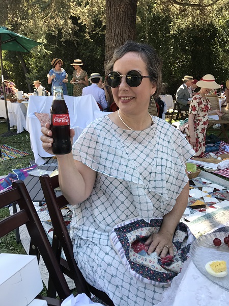 1924 Reproduction White with Green Print Dress at Gatsby Summer Afternoon. September 2018.