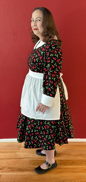 Reproduction 1950s Cherry Dress with Apron Left. Laughing Moon #134 Shirtwaist Dress