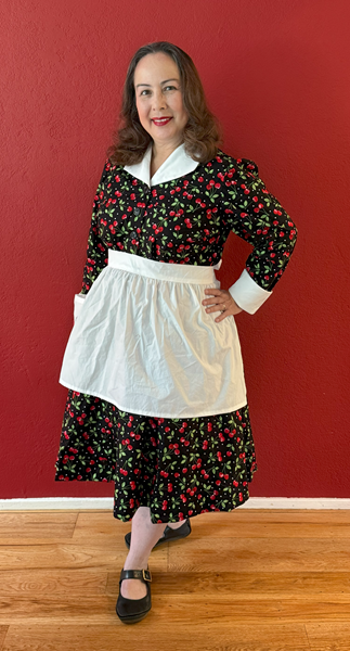 Reproduction 1950s Cherry Dress with Apron Quarter View. Laughing Moon #134 Shirtwaist Dress