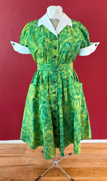 Reproduction 1950s Green Batik Dress Front. Laughing Moon #134 Shirtwaist Dress