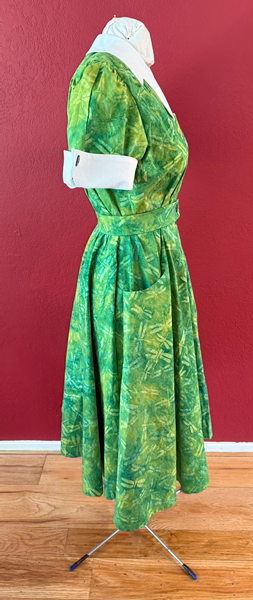 Reproduction 1950s Green Batik Dress Right. Laughing Moon #134 Shirtwaist Dress