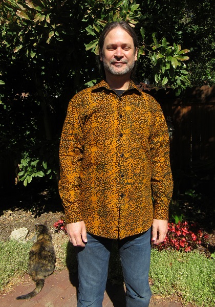 2010s Men's Orange and Black Batik Shirt Vogue V9220 Front. 